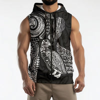 Aotearoa Moko Tribal Tattoo Sleeveless Zip Hoodie New Zealand Maori Penguin and Fantail Black Color
