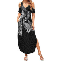 Aotearoa Moko Tribal Tattoo Summer Maxi Dress New Zealand Maori Penguin and Fantail Black Color LT03 Women Black - Polynesian Pride