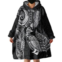Aotearoa Moko Tribal Tattoo Wearable Blanket Hoodie New Zealand Maori Penguin and Fantail Black Color