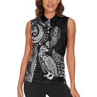 Aotearoa Moko Tribal Tattoo Women Sleeveless Polo Shirt New Zealand Maori Penguin and Fantail Black Color