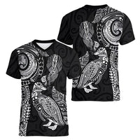 Aotearoa Moko Tribal Tattoo Women V-Neck T-Shirt New Zealand Maori Penguin and Fantail Black Color