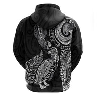 Aotearoa Moko Tribal Tattoo Zip Hoodie New Zealand Maori Penguin and Fantail Black Color