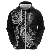 Aotearoa Moko Tribal Tattoo Zip Hoodie New Zealand Maori Penguin and Fantail Black Color