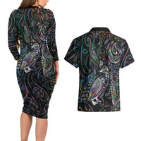 Aotearoa Moko Tribal Tattoo Couples Matching Long Sleeve Bodycon Dress and Hawaiian Shirt New Zealand Maori Penguin and Fantail Paua Shell Style