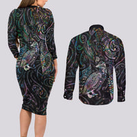 Aotearoa Moko Tribal Tattoo Couples Matching Long Sleeve Bodycon Dress and Long Sleeve Button Shirt New Zealand Maori Penguin and Fantail Paua Shell Style LT03 - Polynesian Pride