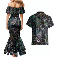 Aotearoa Moko Tribal Tattoo Couples Matching Mermaid Dress and Hawaiian Shirt New Zealand Maori Penguin and Fantail Paua Shell Style