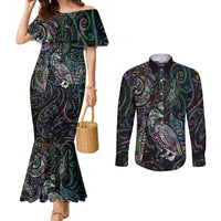 Aotearoa Moko Tribal Tattoo Couples Matching Mermaid Dress and Long Sleeve Button Shirt New Zealand Maori Penguin and Fantail Paua Shell Style