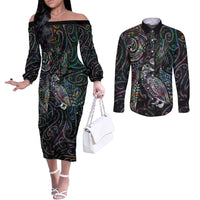 Aotearoa Moko Tribal Tattoo Couples Matching Off The Shoulder Long Sleeve Dress and Long Sleeve Button Shirt New Zealand Maori Penguin and Fantail Paua Shell Style LT03 Multicolor - Polynesian Pride