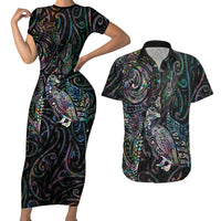 Aotearoa Moko Tribal Tattoo Couples Matching Short Sleeve Bodycon Dress and Hawaiian Shirt New Zealand Maori Penguin and Fantail Paua Shell Style