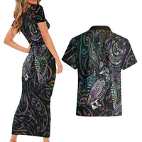 Aotearoa Moko Tribal Tattoo Couples Matching Short Sleeve Bodycon Dress and Hawaiian Shirt New Zealand Maori Penguin and Fantail Paua Shell Style