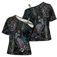 Aotearoa Moko Tribal Tattoo Cross Shoulder Shirt New Zealand Maori Penguin and Fantail Paua Shell Style