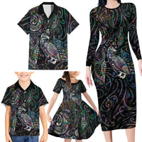 Aotearoa Moko Tribal Tattoo Family Matching Long Sleeve Bodycon Dress and Hawaiian Shirt New Zealand Maori Penguin and Fantail Paua Shell Style