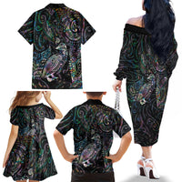 Aotearoa Moko Tribal Tattoo Family Matching Off The Shoulder Long Sleeve Dress and Hawaiian Shirt New Zealand Maori Penguin and Fantail Paua Shell Style