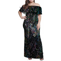 Aotearoa Moko Tribal Tattoo Family Matching Off Shoulder Maxi Dress and Hawaiian Shirt New Zealand Maori Penguin and Fantail Paua Shell Style