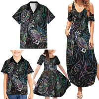 Aotearoa Moko Tribal Tattoo Family Matching Summer Maxi Dress and Hawaiian Shirt New Zealand Maori Penguin and Fantail Paua Shell Style LT03 - Polynesian Pride