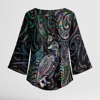 Aotearoa Moko Tribal Tattoo Kimono Sleeve Blouse New Zealand Maori Penguin and Fantail Paua Shell Style