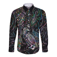 Aotearoa Moko Tribal Tattoo Long Sleeve Button Shirt New Zealand Maori Penguin and Fantail Paua Shell Style