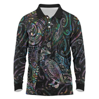 Aotearoa Moko Tribal Tattoo Long Sleeve Polo Shirt New Zealand Maori Penguin and Fantail Paua Shell Style