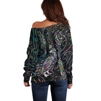 Aotearoa Moko Tribal Tattoo Off Shoulder Sweater New Zealand Maori Penguin and Fantail Paua Shell Style