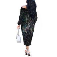 Aotearoa Moko Tribal Tattoo Off The Shoulder Long Sleeve Dress New Zealand Maori Penguin and Fantail Paua Shell Style