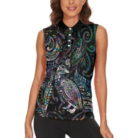Aotearoa Moko Tribal Tattoo Women Sleeveless Polo Shirt New Zealand Maori Penguin and Fantail Paua Shell Style