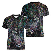 Aotearoa Moko Tribal Tattoo Women V-Neck T-Shirt New Zealand Maori Penguin and Fantail Paua Shell Style