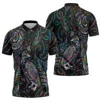 Aotearoa Moko Tribal Tattoo Zipper Polo Shirt New Zealand Maori Penguin and Fantail Paua Shell Style
