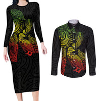Aotearoa Moko Tribal Tattoo Couples Matching Long Sleeve Bodycon Dress and Long Sleeve Button Shirt New Zealand Maori Penguin and Fantail Reggae Style