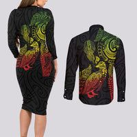 Aotearoa Moko Tribal Tattoo Couples Matching Long Sleeve Bodycon Dress and Long Sleeve Button Shirt New Zealand Maori Penguin and Fantail Reggae Style
