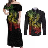 Aotearoa Moko Tribal Tattoo Couples Matching Off Shoulder Maxi Dress and Long Sleeve Button Shirt New Zealand Maori Penguin and Fantail Reggae Style