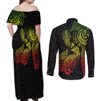 Aotearoa Moko Tribal Tattoo Couples Matching Off Shoulder Maxi Dress and Long Sleeve Button Shirt New Zealand Maori Penguin and Fantail Reggae Style