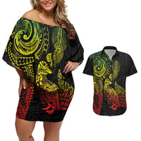 Aotearoa Moko Tribal Tattoo Couples Matching Off Shoulder Short Dress and Hawaiian Shirt New Zealand Maori Penguin and Fantail Reggae Style