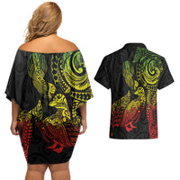 Aotearoa Moko Tribal Tattoo Couples Matching Off Shoulder Short Dress and Hawaiian Shirt New Zealand Maori Penguin and Fantail Reggae Style