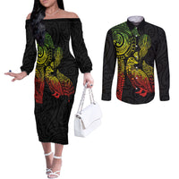 Aotearoa Moko Tribal Tattoo Couples Matching Off The Shoulder Long Sleeve Dress and Long Sleeve Button Shirt New Zealand Maori Penguin and Fantail Reggae Style