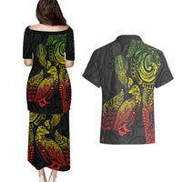 Aotearoa Moko Tribal Tattoo Couples Matching Puletasi and Hawaiian Shirt New Zealand Maori Penguin and Fantail Reggae Style