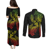 Aotearoa Moko Tribal Tattoo Couples Matching Puletasi and Long Sleeve Button Shirt New Zealand Maori Penguin and Fantail Reggae Style