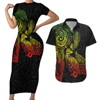 Aotearoa Moko Tribal Tattoo Couples Matching Short Sleeve Bodycon Dress and Hawaiian Shirt New Zealand Maori Penguin and Fantail Reggae Style