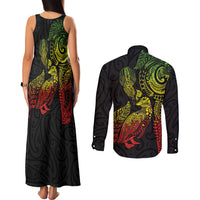 Aotearoa Moko Tribal Tattoo Couples Matching Tank Maxi Dress and Long Sleeve Button Shirt New Zealand Maori Penguin and Fantail Reggae Style
