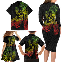 Aotearoa Moko Tribal Tattoo Family Matching Long Sleeve Bodycon Dress and Hawaiian Shirt New Zealand Maori Penguin and Fantail Reggae Style