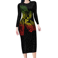 Aotearoa Moko Tribal Tattoo Family Matching Long Sleeve Bodycon Dress and Hawaiian Shirt New Zealand Maori Penguin and Fantail Reggae Style