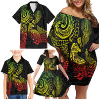 Aotearoa Moko Tribal Tattoo Family Matching Off Shoulder Short Dress and Hawaiian Shirt New Zealand Maori Penguin and Fantail Reggae Style