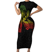 Aotearoa Moko Tribal Tattoo Family Matching Short Sleeve Bodycon Dress and Hawaiian Shirt New Zealand Maori Penguin and Fantail Reggae Style LT03 Mom's Dress Multicolor - Polynesian Pride