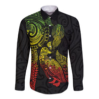 Aotearoa Moko Tribal Tattoo Long Sleeve Button Shirt New Zealand Maori Penguin and Fantail Reggae Style