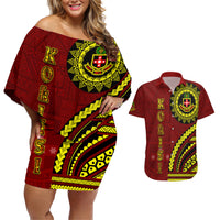 Kolisi Tonga Atele Couples Matching Off Shoulder Short Dress and Hawaiian Shirt Ngatu and Polynesian Pattern LT03 Red - Polynesian Pride