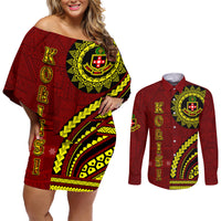 Kolisi Tonga Atele Couples Matching Off Shoulder Short Dress and Long Sleeve Button Shirt Ngatu and Polynesian Pattern LT03 Red - Polynesian Pride