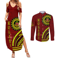 Kolisi Tonga Atele Couples Matching Summer Maxi Dress and Long Sleeve Button Shirt Ngatu and Polynesian Pattern LT03 Red - Polynesian Pride