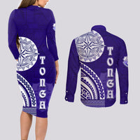Tupou College Toloa Couples Matching Long Sleeve Bodycon Dress and Long Sleeve Button Shirt Ngatu and Polynesian Pattern