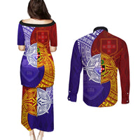 Kolisi Tonga Atele and Tupou College Toloa Couples Matching Puletasi and Long Sleeve Button Shirt Ngatu and Polynesian Spiral Pattern