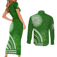 Liahona High School Couples Matching Short Sleeve Bodycon Dress and Long Sleeve Button Shirt Ngatu and Polynesian Pattern