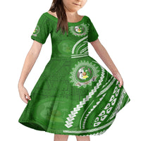 Liahona High School Family Matching Off Shoulder Short Dress and Hawaiian Shirt Ngatu and Polynesian Pattern LT03 Daughter's Dress Green - Polynesian Pride